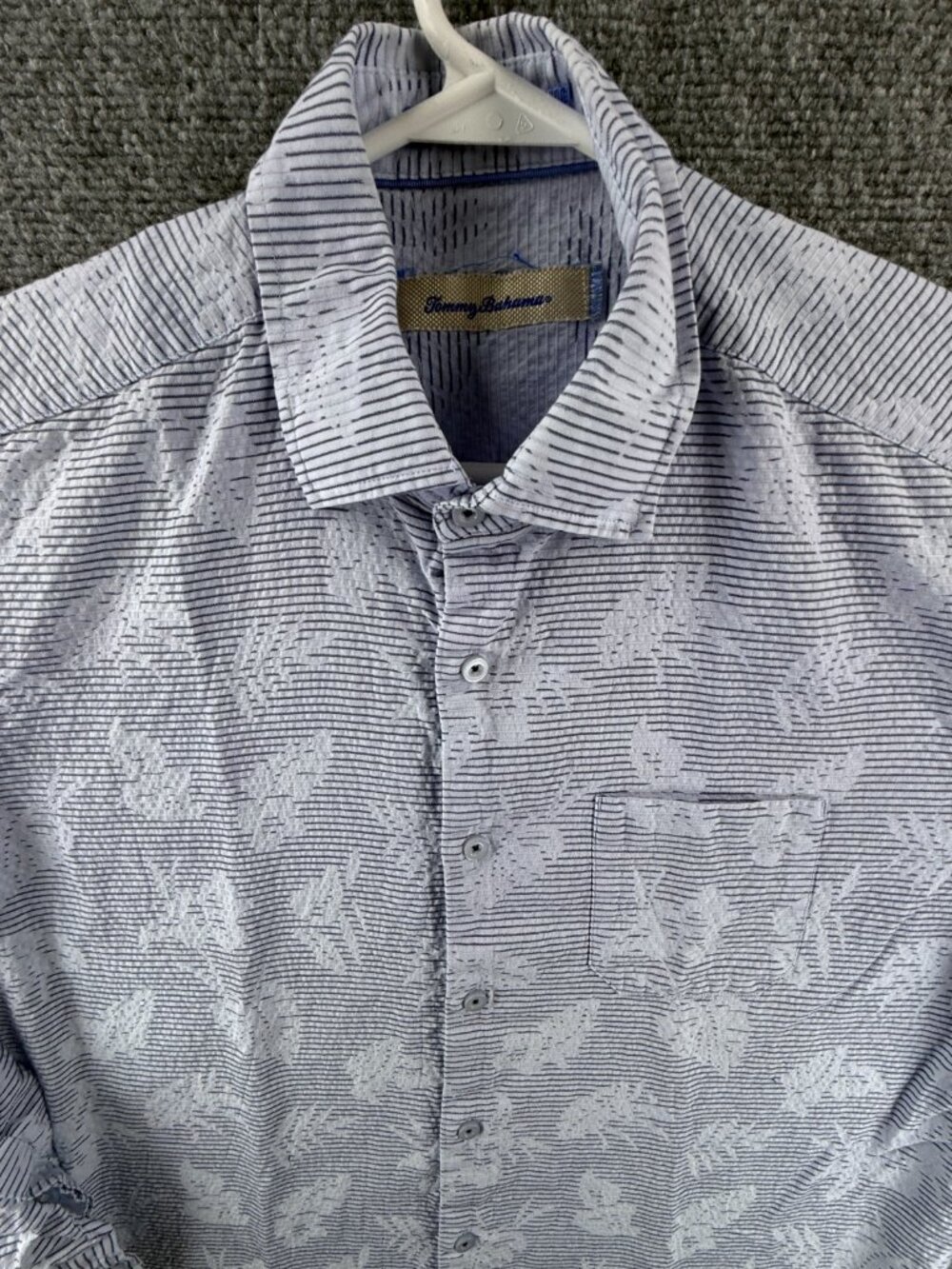 Tommy Bahama Striped Medium Cotton Silk Blue Men Pocket Hawaiian Shirt Button Up